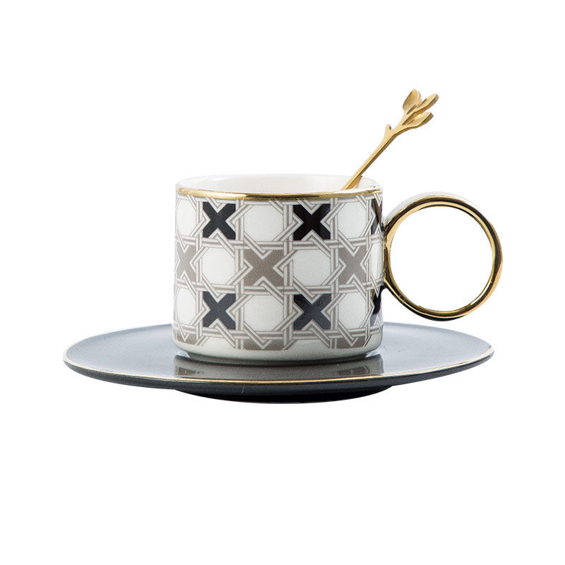 Geometric Ceramic Coffee Cup, Gold-Painted O-Handle Mug