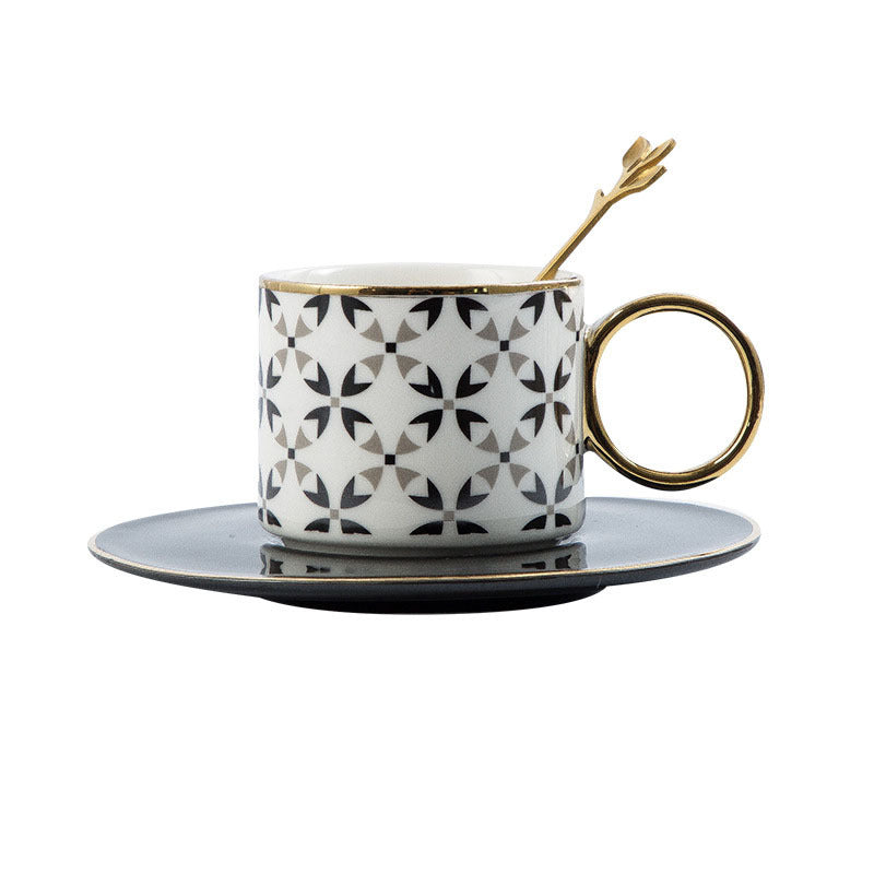 Geometric Ceramic Coffee Cup, Gold-Painted O-Handle Mug