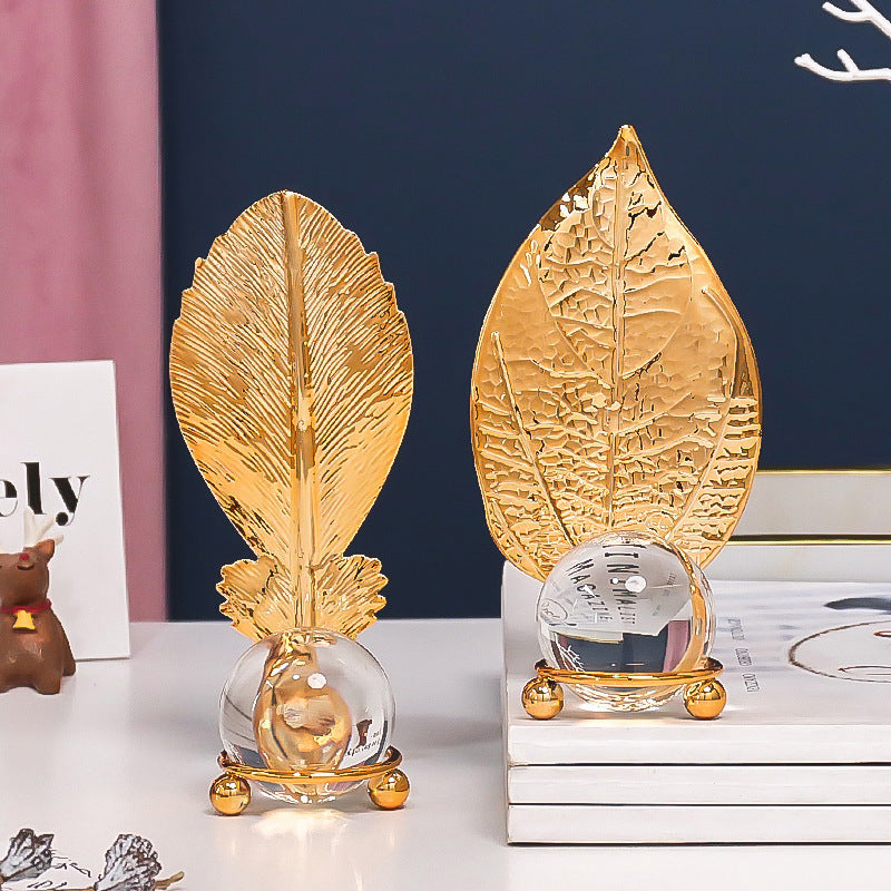 Light Luxury Golden Crystal Ball Leaf Iron Ornaments